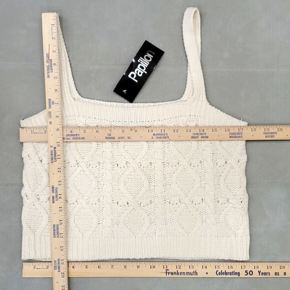 Papillon crop top women's sz large cream cable knit crochet cottagecore - Picture 3 of 8